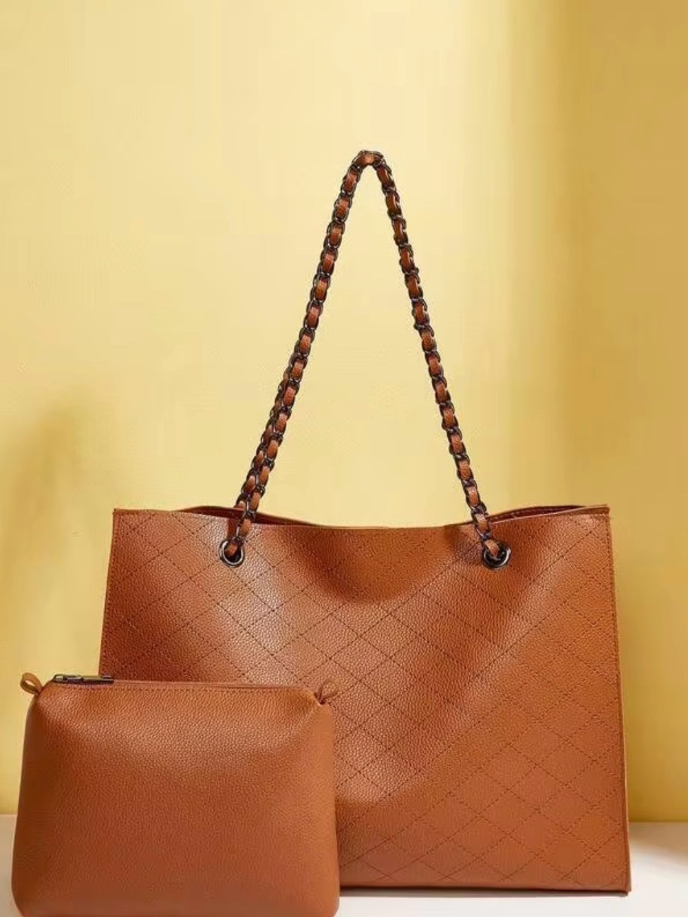Brown Quilted Tote Bag with Matching Pouch